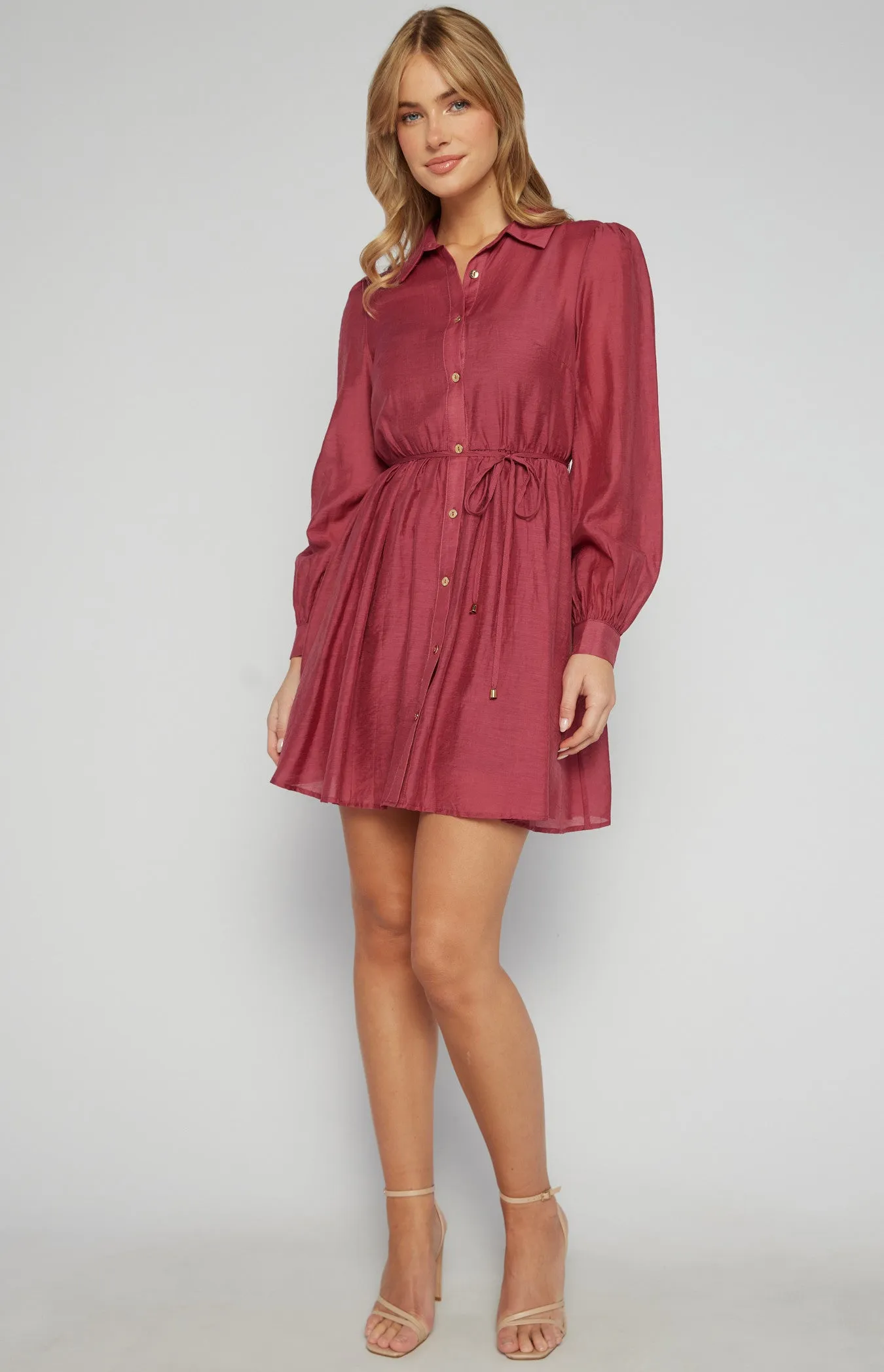 Burgundy Textured Mini Shirt Dress with Gold Buttons