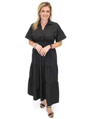 Button Down Tiered Midi Dress - Black