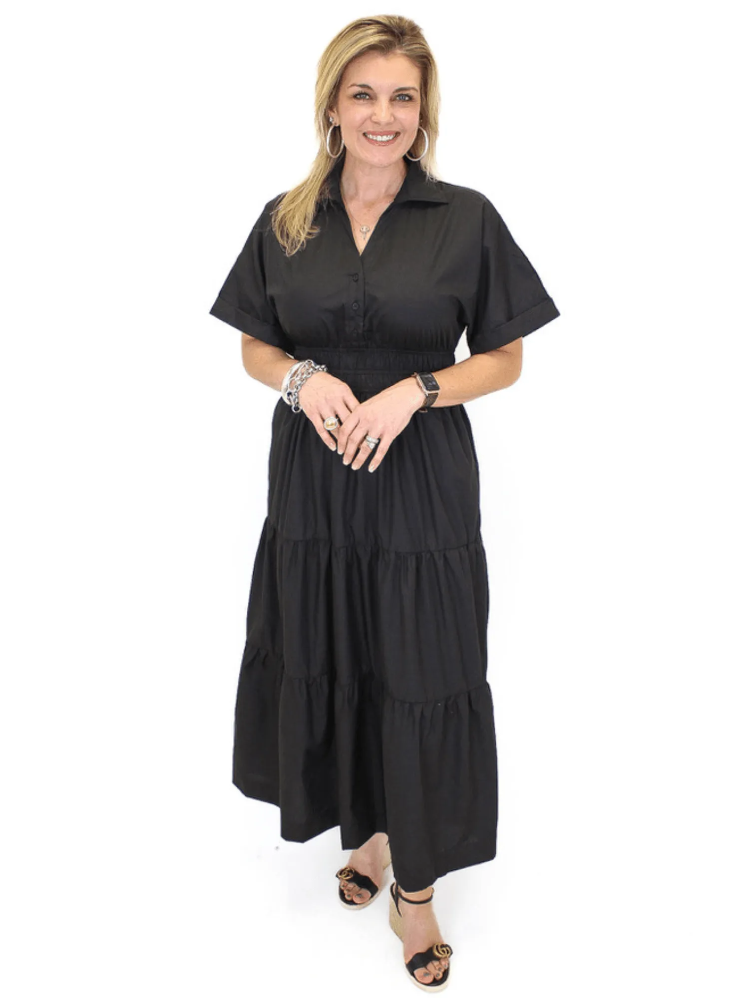Button Down Tiered Midi Dress - Black