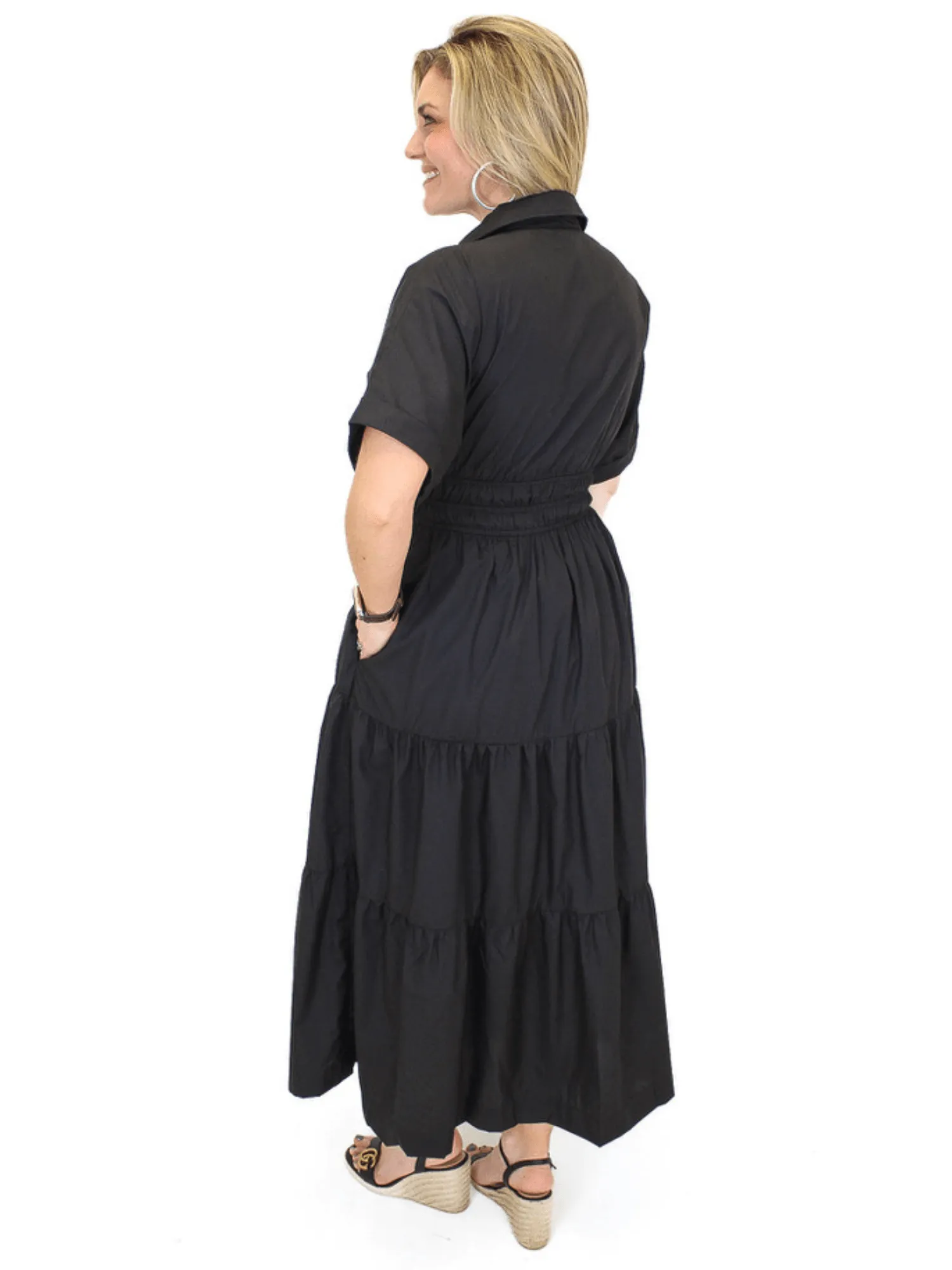 Button Down Tiered Midi Dress - Black