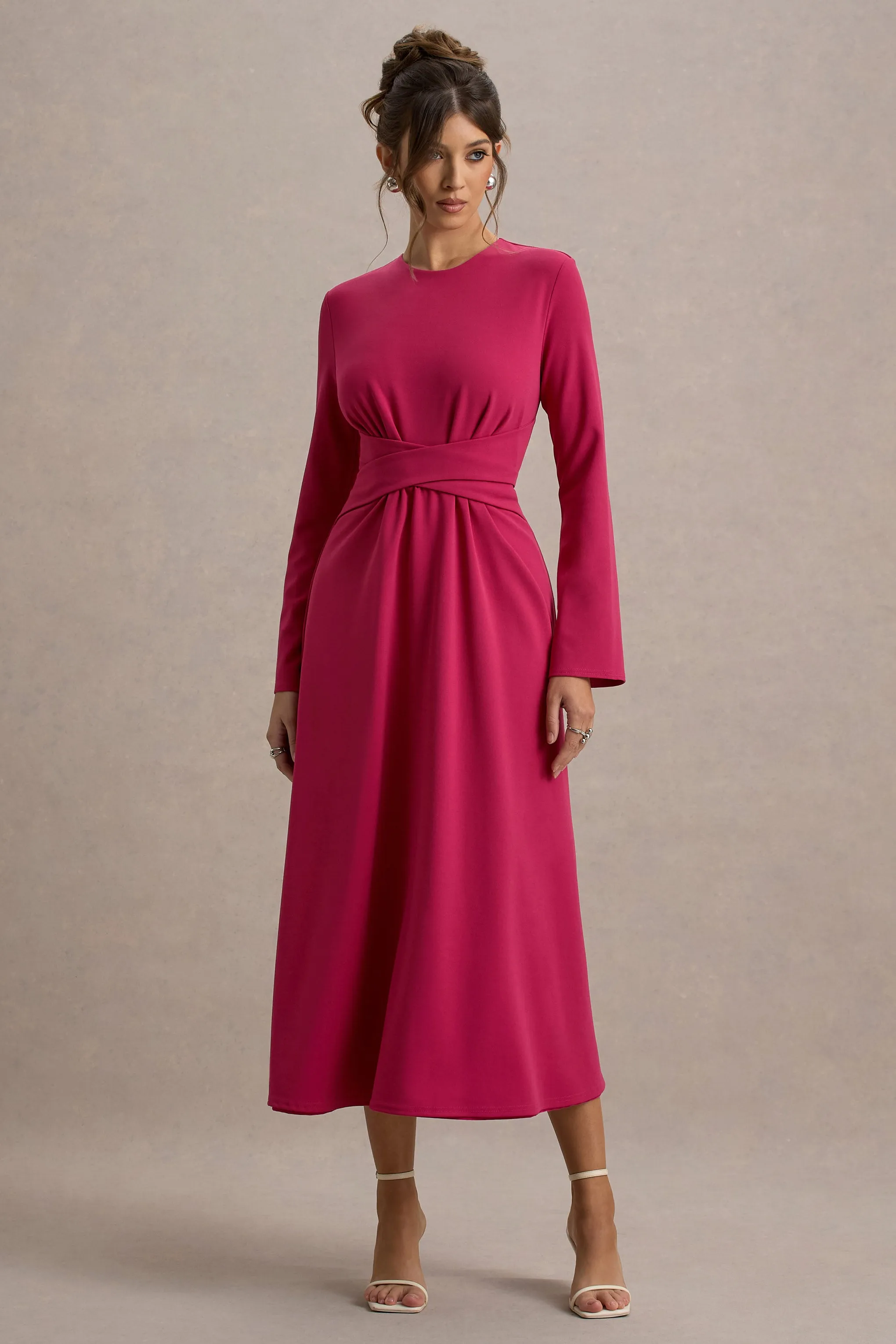 Cassiopeia | Hot Pink Long-Sleeve Midi Dress With Cross Waist
