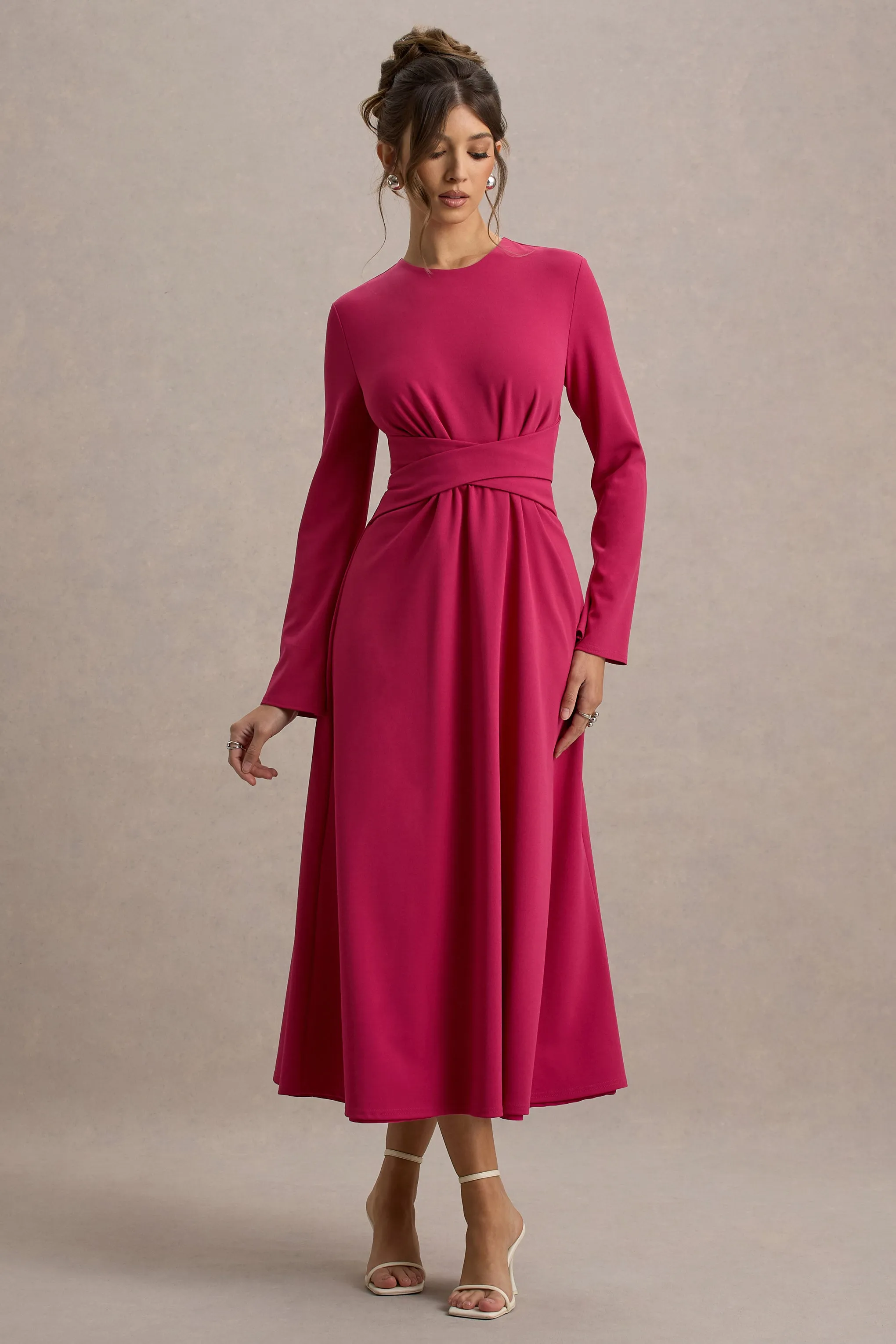 Cassiopeia | Hot Pink Long-Sleeve Midi Dress With Cross Waist