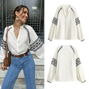 Casual Long-Sleeve Shirt with Embroidery and Color-Block Design, Stylish and Comfortable Top S-240804-23