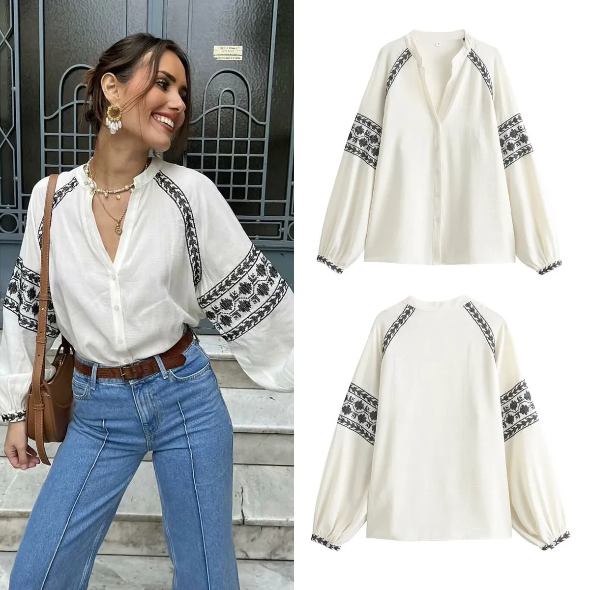 Casual Long-Sleeve Shirt with Embroidery and Color-Block Design, Stylish and Comfortable Top S-240804-23