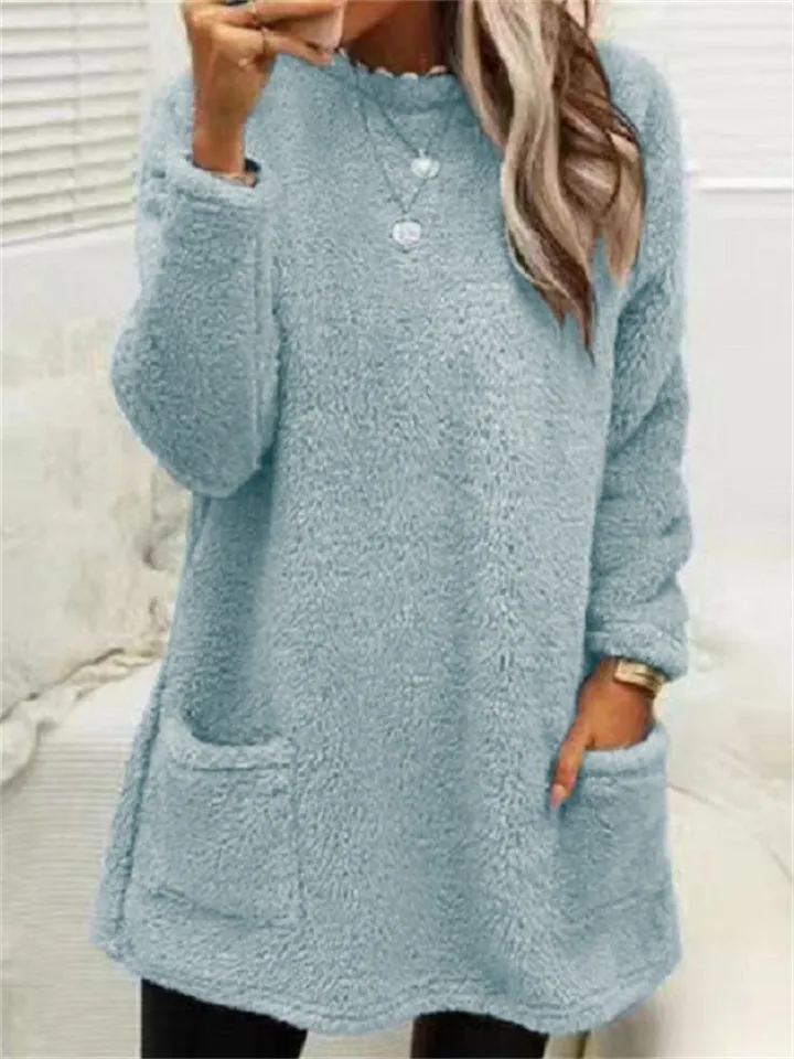 Casual Warmth Round Neck Mid Length Female Plush Shirts