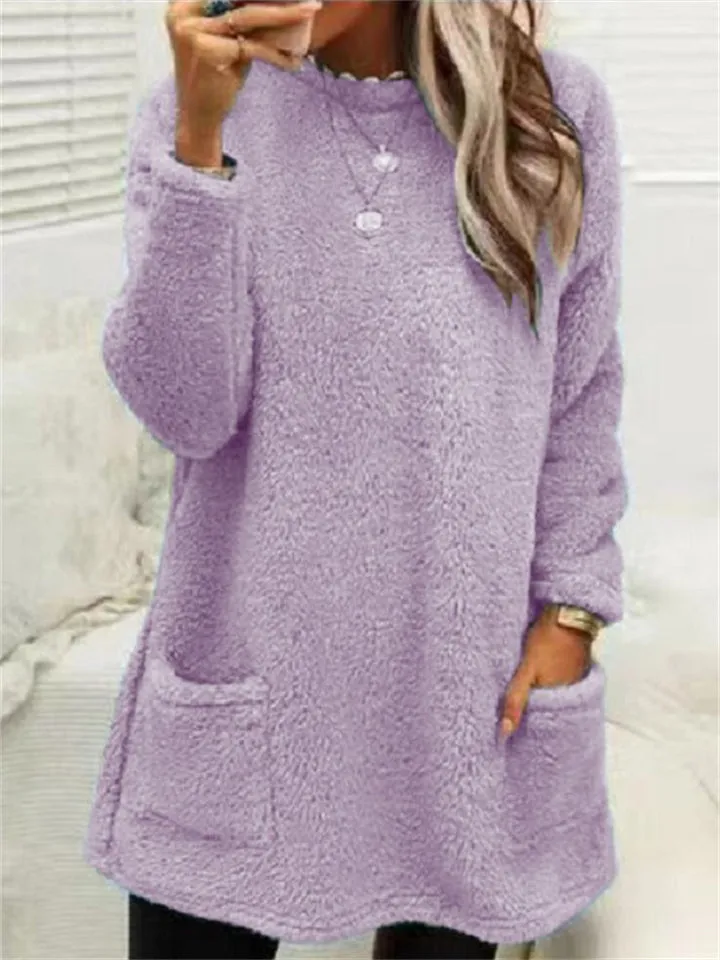Casual Warmth Round Neck Mid Length Female Plush Shirts