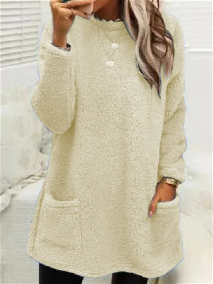 Casual Warmth Round Neck Mid Length Female Plush Shirts