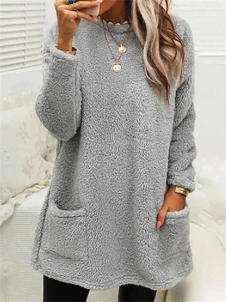 Casual Warmth Round Neck Mid Length Female Plush Shirts
