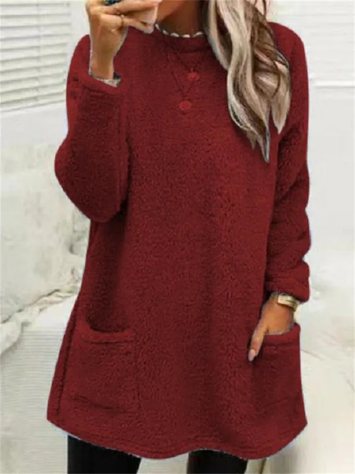 Casual Warmth Round Neck Mid Length Female Plush Shirts