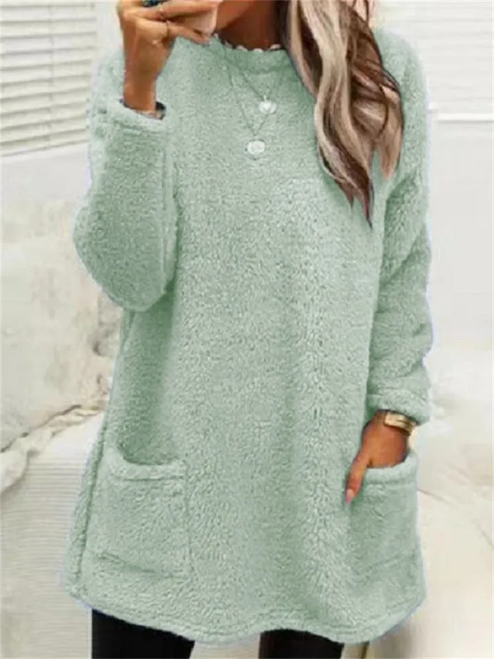 Casual Warmth Round Neck Mid Length Female Plush Shirts
