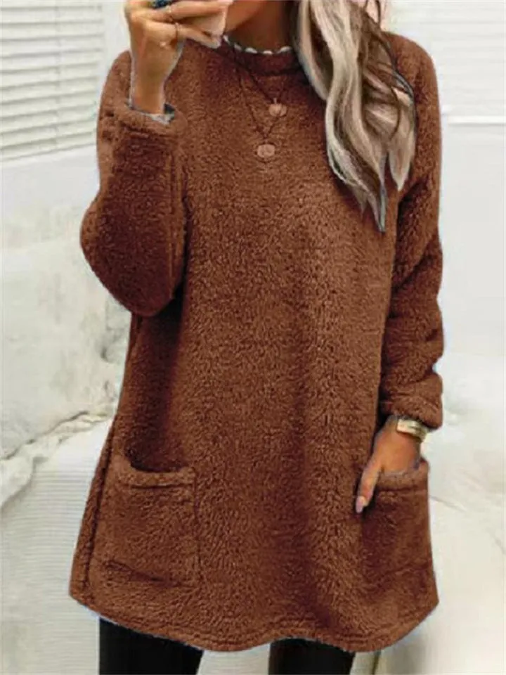 Casual Warmth Round Neck Mid Length Female Plush Shirts