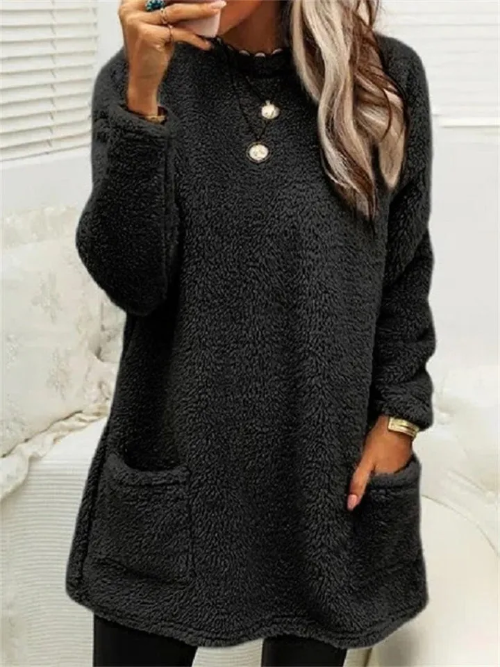 Casual Warmth Round Neck Mid Length Female Plush Shirts