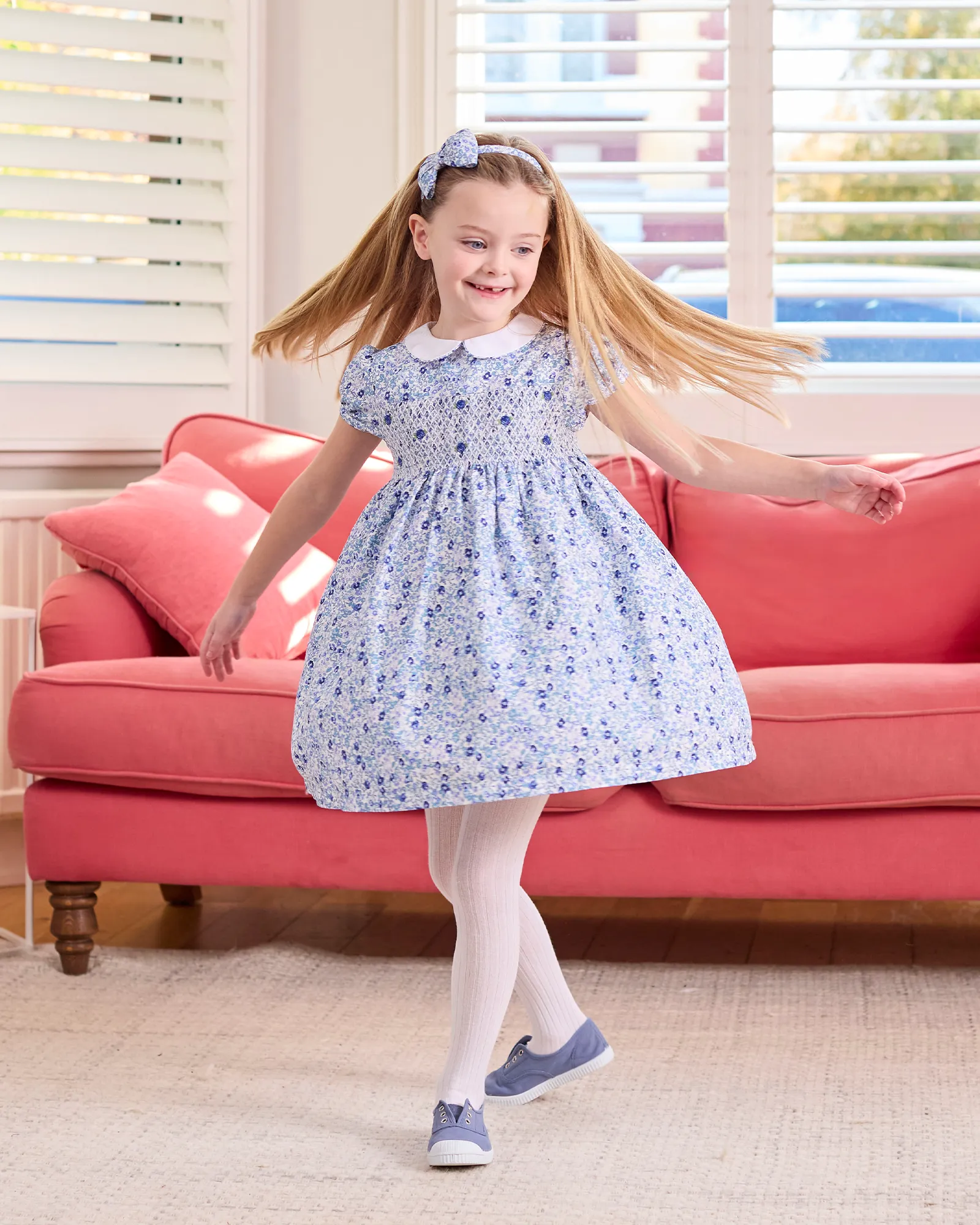 Catherine Smocked Dress in Blue Floral