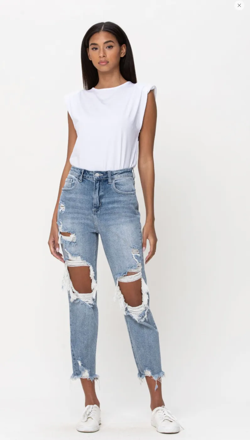 Cello High Rise Distress Light Blue Crop Straight