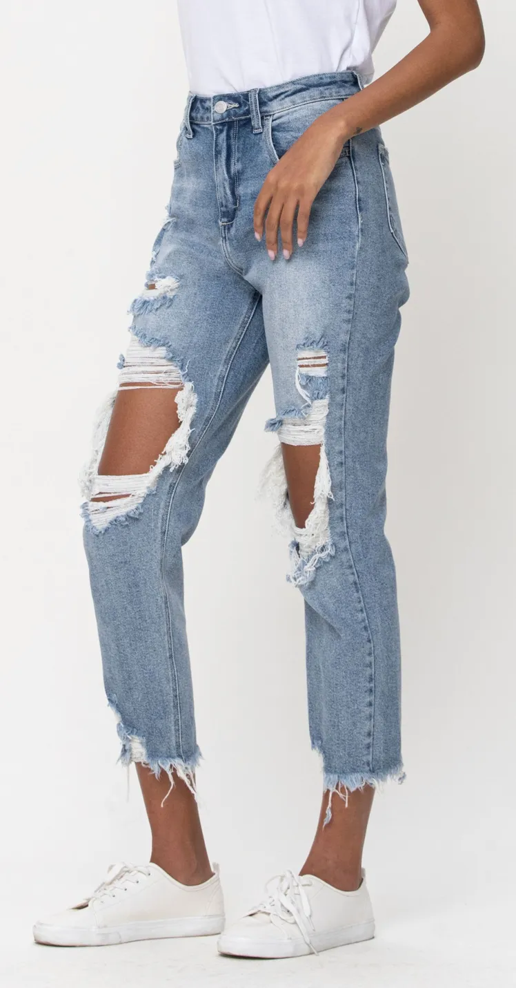 Cello High Rise Distress Light Blue Crop Straight
