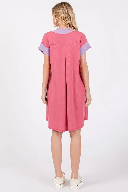 Ces Femme Contrast Trim V-Neck Short Sleeve Dress