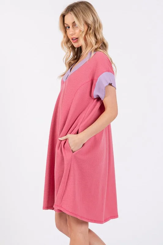 Ces Femme Contrast Trim V-Neck Short Sleeve Dress