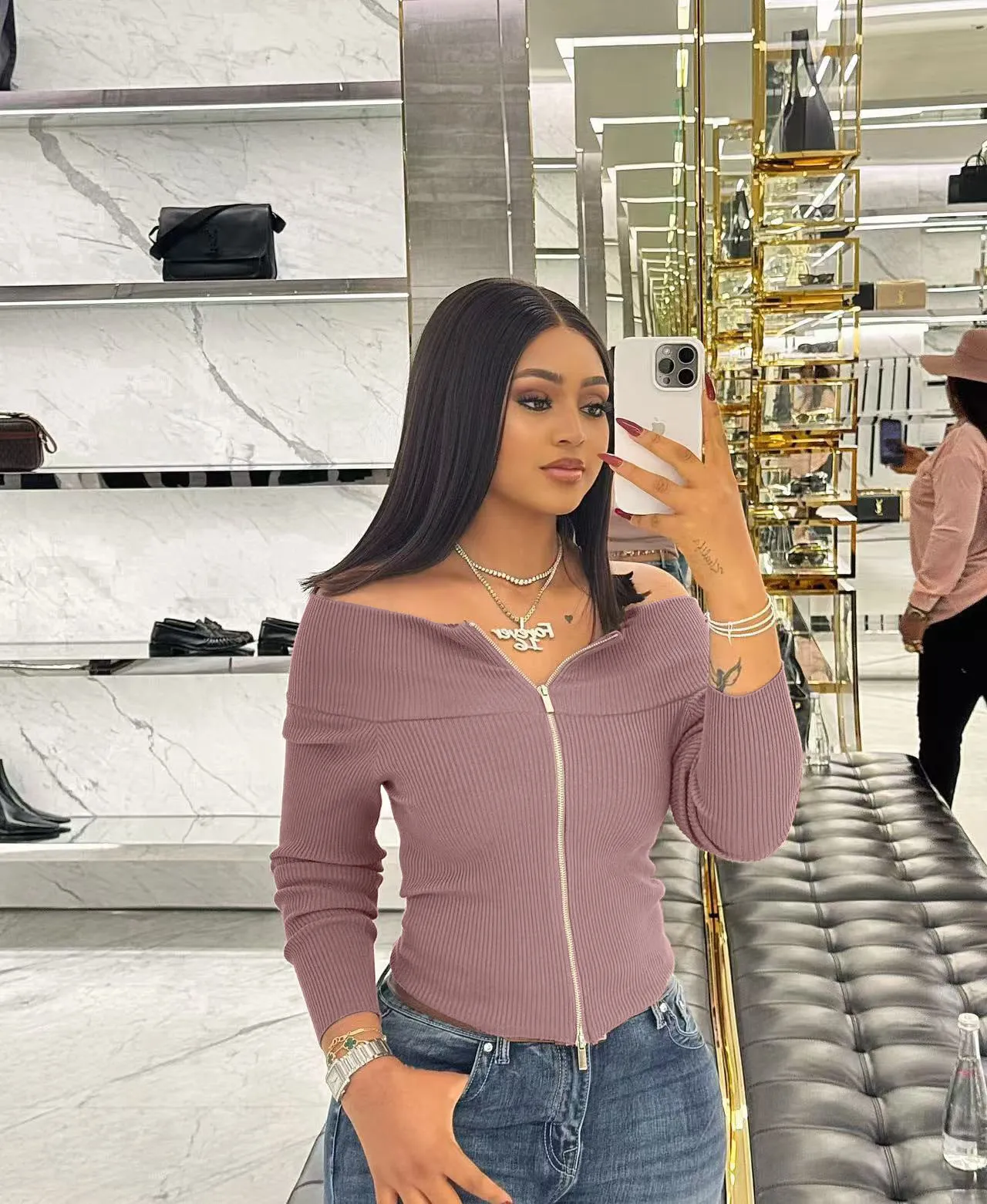 Chic Off-Shoulder Ribbed Zip-Up Slim Fit Top for Effortless Elegance