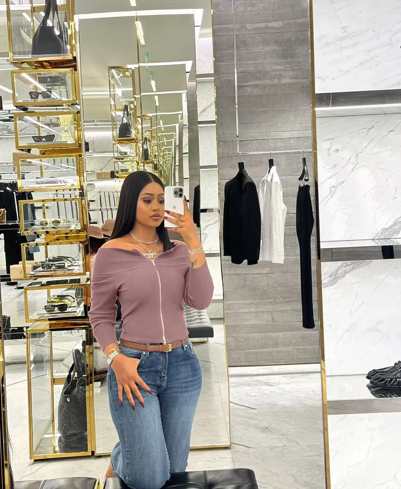 Chic Off-Shoulder Ribbed Zip-Up Slim Fit Top for Effortless Elegance