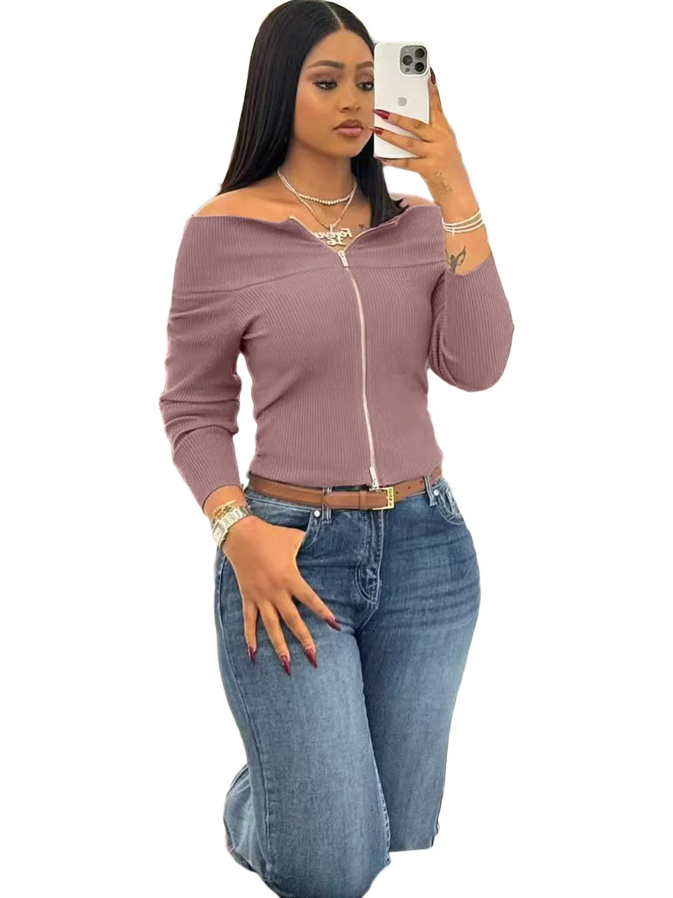 Chic Off-Shoulder Ribbed Zip-Up Slim Fit Top for Effortless Elegance