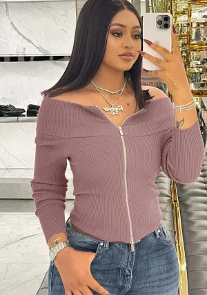 Chic Off-Shoulder Ribbed Zip-Up Slim Fit Top for Effortless Elegance