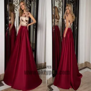 Claret A-line Long Floor Length Prom Dresses, Appliques Prom Dresses, Short Sleeve Prom Dresses, Backless Lace Up Prom Dresses, TYP0276