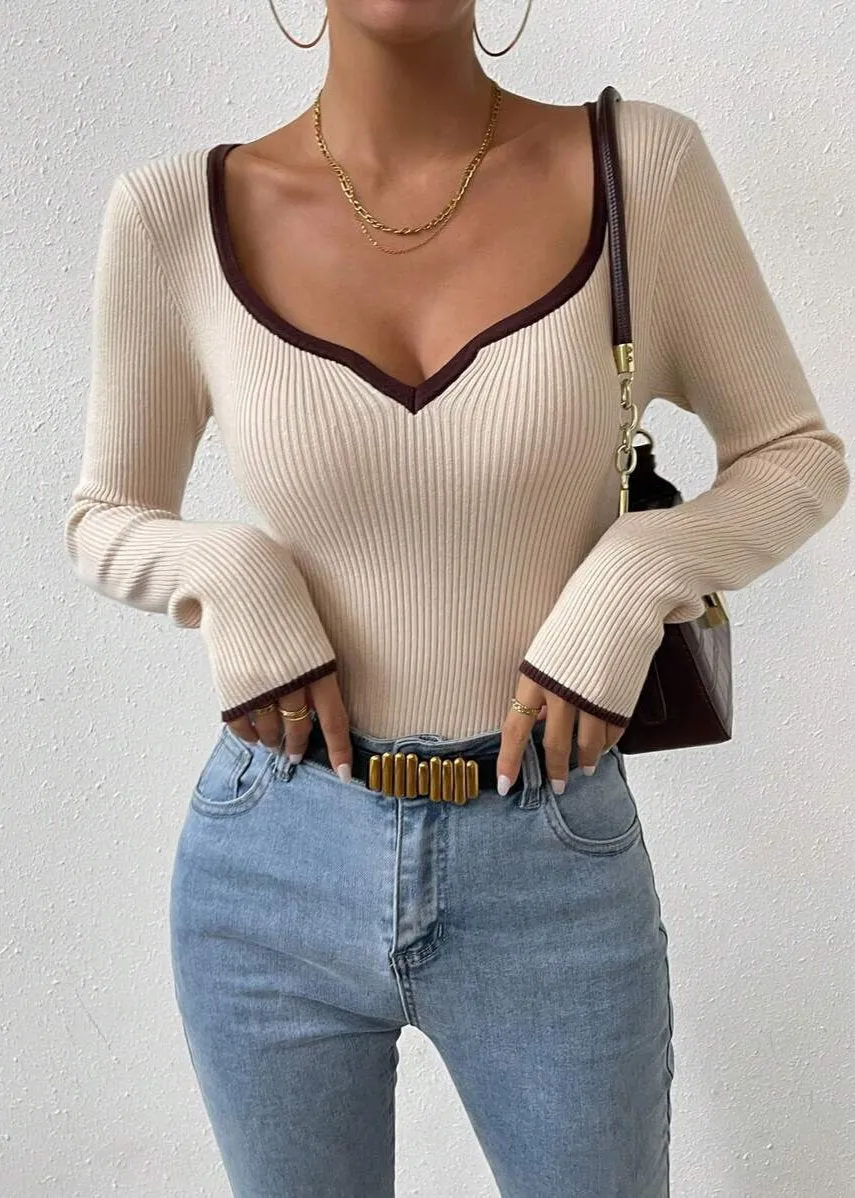 Classic Ribbed Knit V-Neck Sweater with Contrast Trim