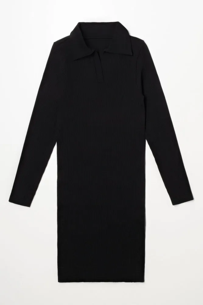 Collar Long Sleeve Seamless Dress Black