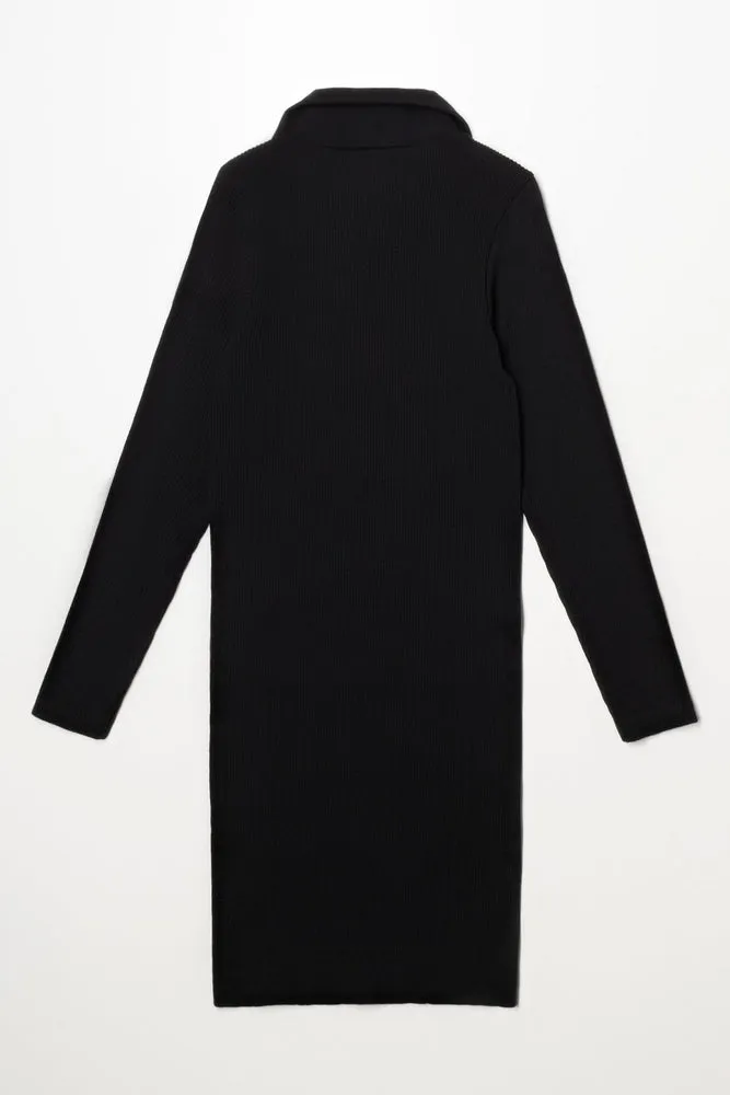 Collar Long Sleeve Seamless Dress Black