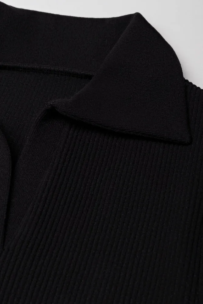 Collar Long Sleeve Seamless Dress Black