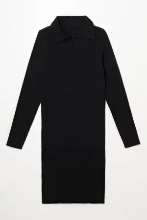 Collar Long Sleeve Seamless Dress Black
