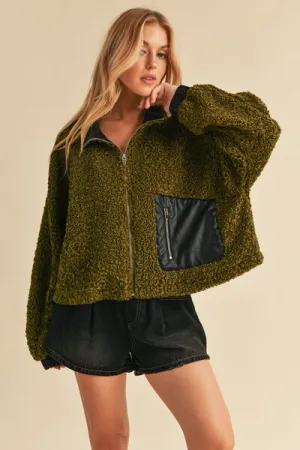 Collared Neck Zip Up Sherpa Jacket in Olive
