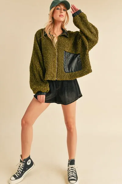Collared Neck Zip Up Sherpa Jacket in Olive