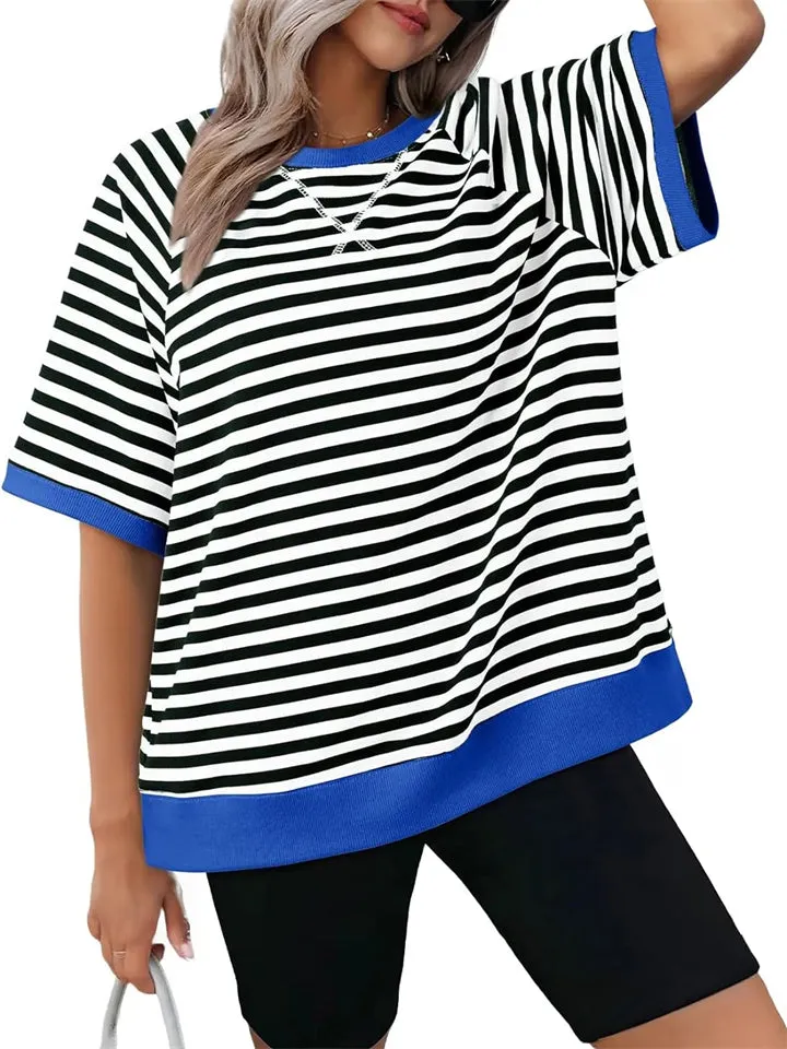 Contrast Color Stripes Round Neck Sports T-shirts for Women