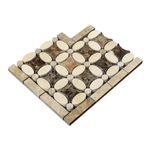Crema Marfil Spanish Marble Florida Flower Border Corner with Emperador Dark Marble, Polished