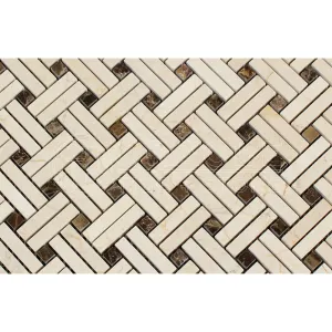 Crema Marfil Spanish Marble Stanza Mosaic Tile with Emperador Dark Marble Dots. Polished