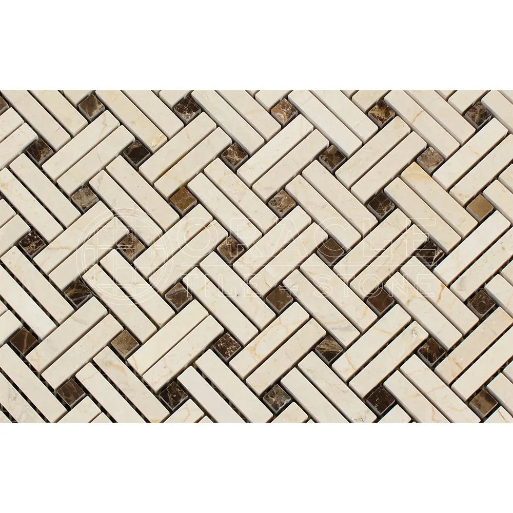 Crema Marfil Spanish Marble Stanza Mosaic Tile with Emperador Dark Marble Dots. Polished