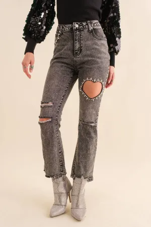 Crop Stretch Ankle Heart Cut Out Denim