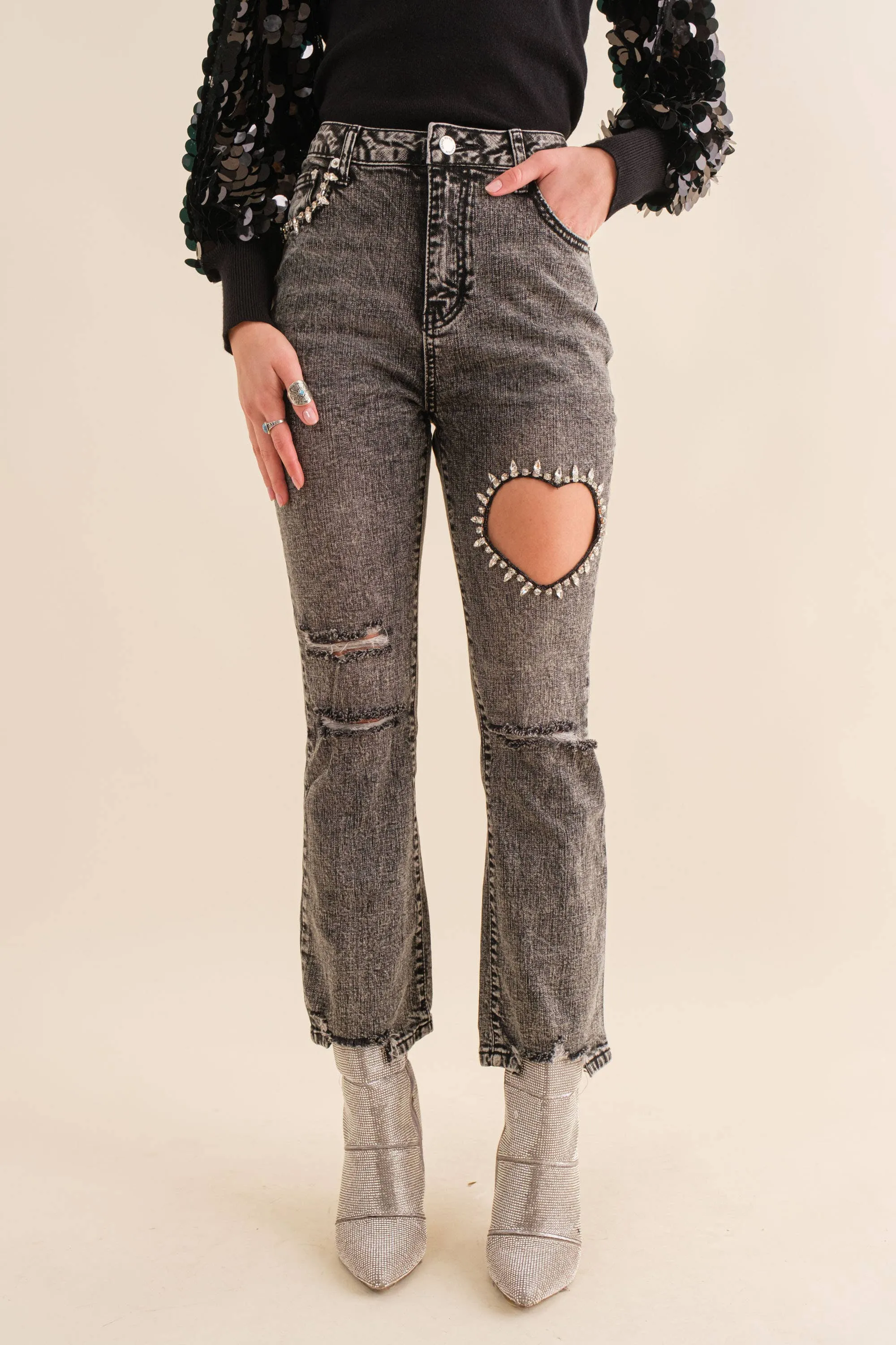 Crop Stretch Ankle Heart Cut Out Denim