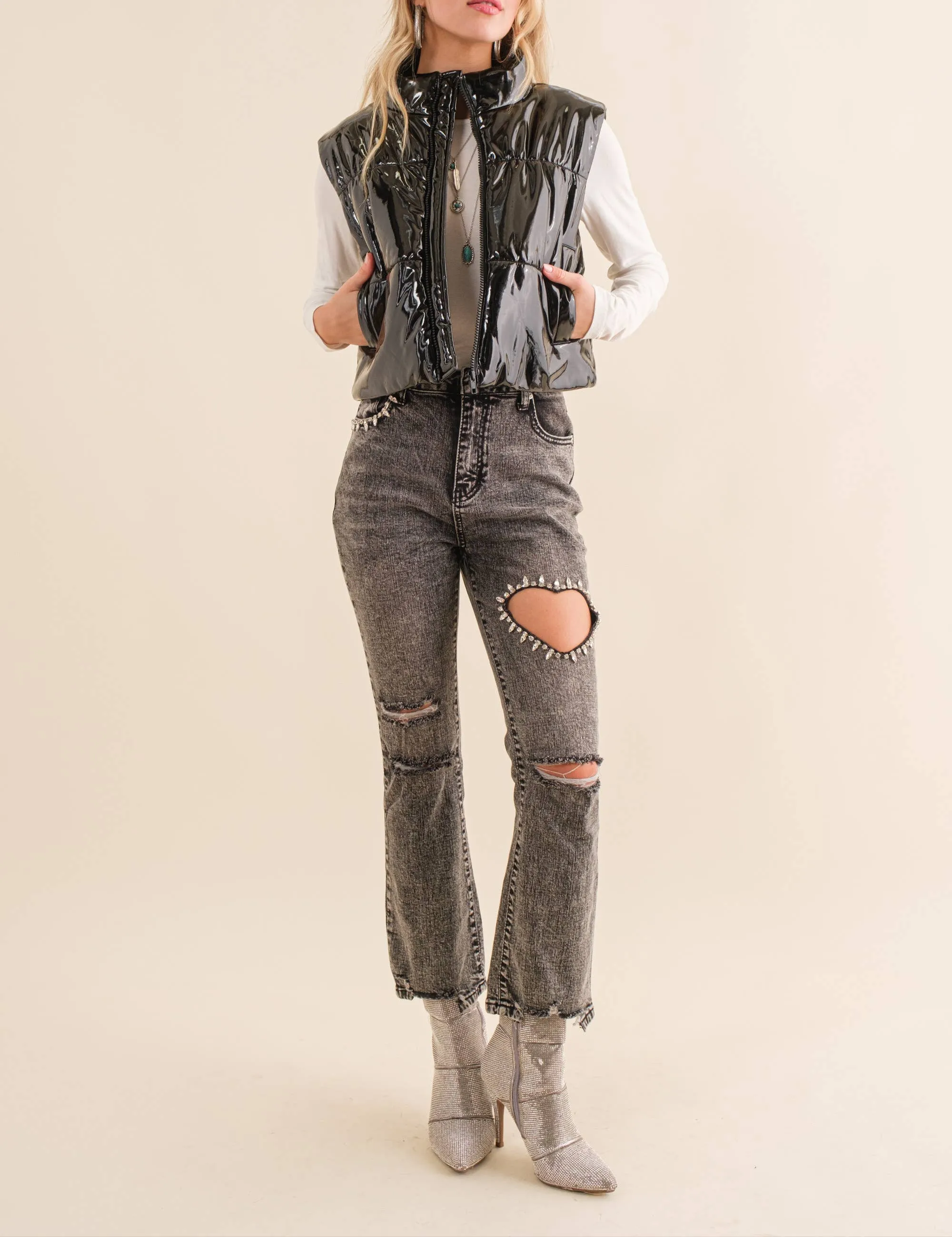 Crop Stretch Ankle Heart Cut Out Denim