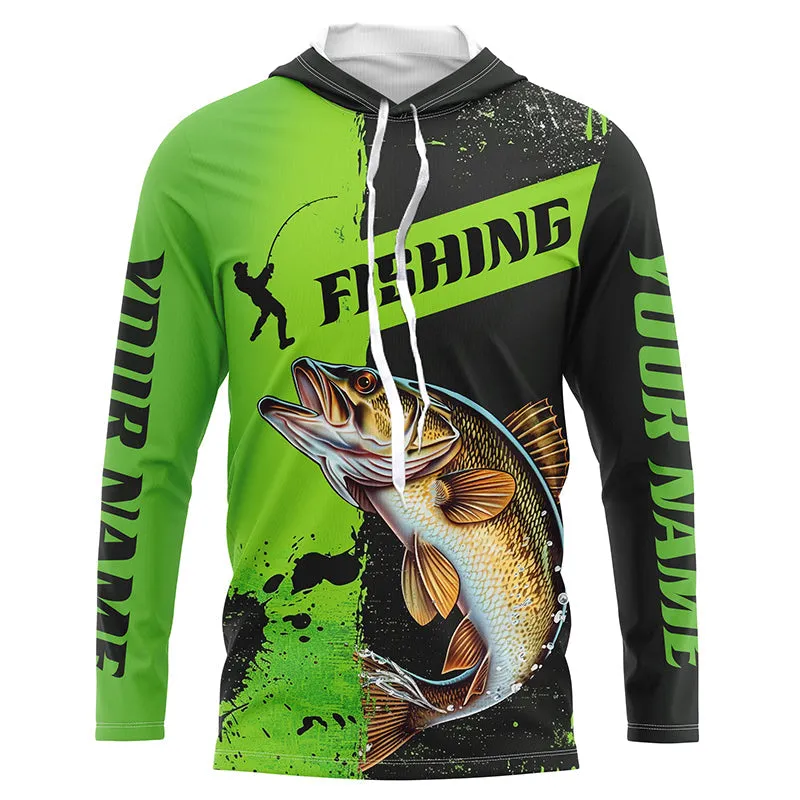 Custom Walleye Fishing Long Sleeve Tournament Shirts, Walleye Fishing Jerseys | Black And Green IPHW6333