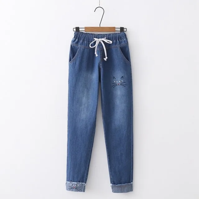 Cute Cat Embroidery Jeans