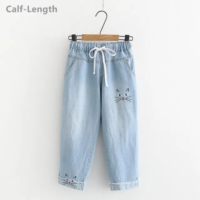 Cute Cat Embroidery Jeans