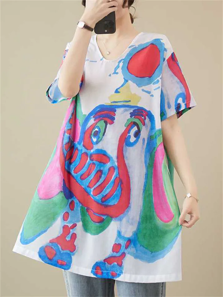 Cute Colorful Cartoon Elephant Summer Oversized Shirt for Women