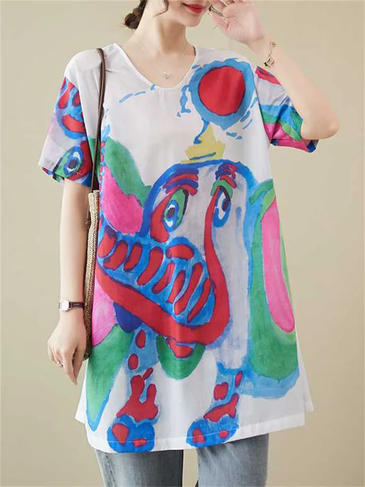 Cute Colorful Cartoon Elephant Summer Oversized Shirt for Women