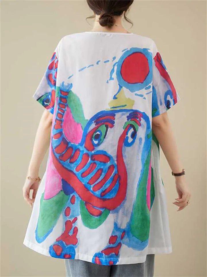 Cute Colorful Cartoon Elephant Summer Oversized Shirt for Women