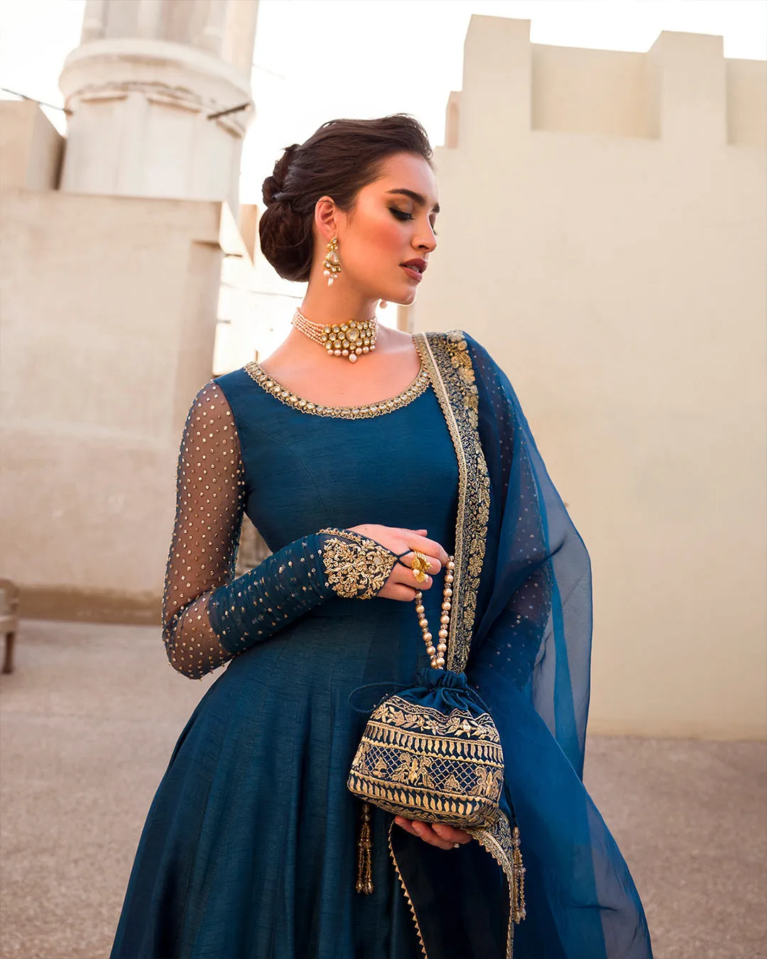 Dark Blue Raw Silk Pishwas for Pakistani Wedding Dresses
