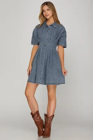 Denim Pleated Shirt Mini Dress