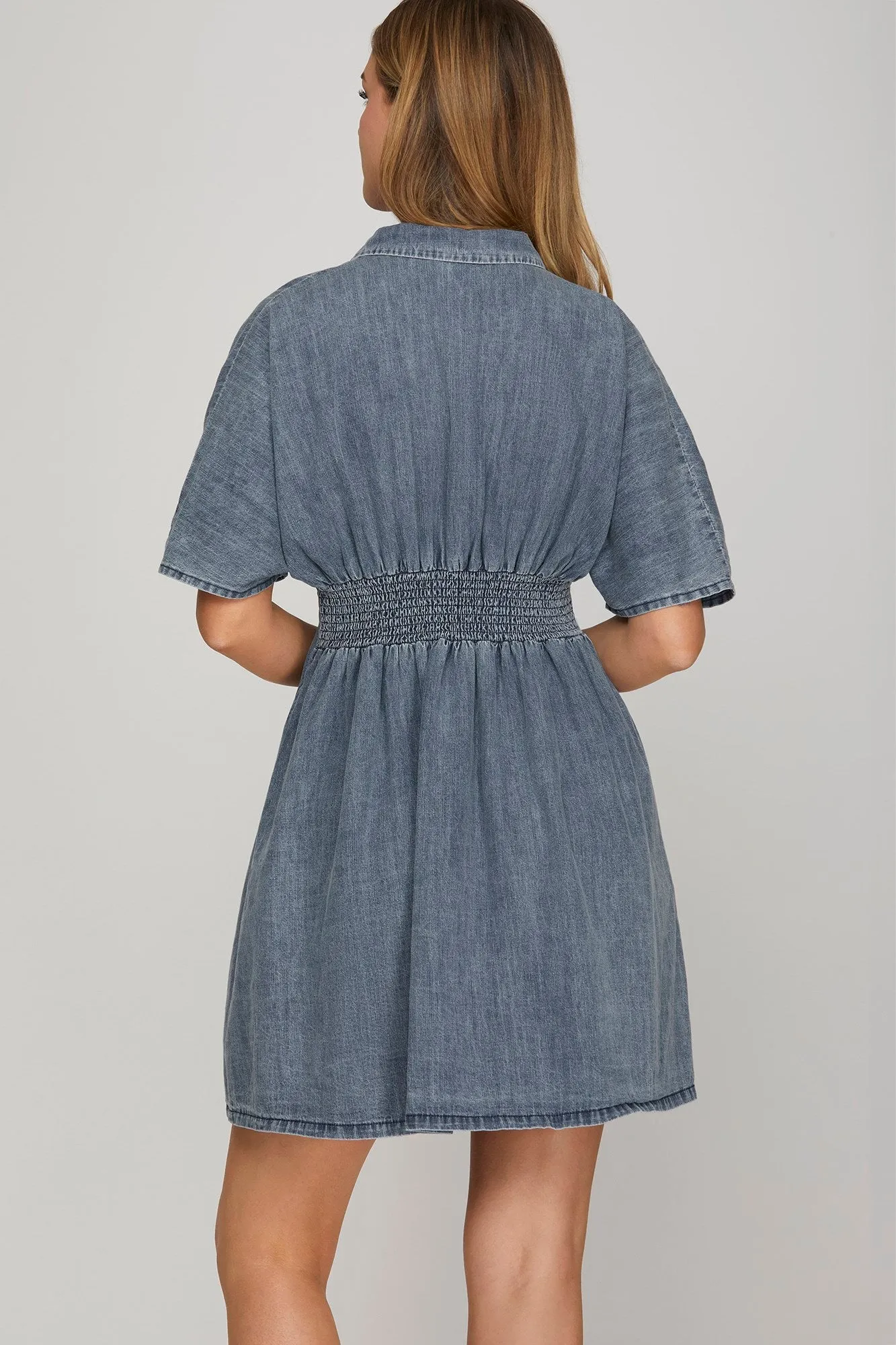 Denim Pleated Shirt Mini Dress