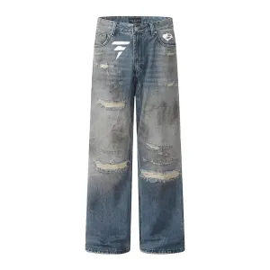 DF Street Retro Blue Distressed Holes Jeans